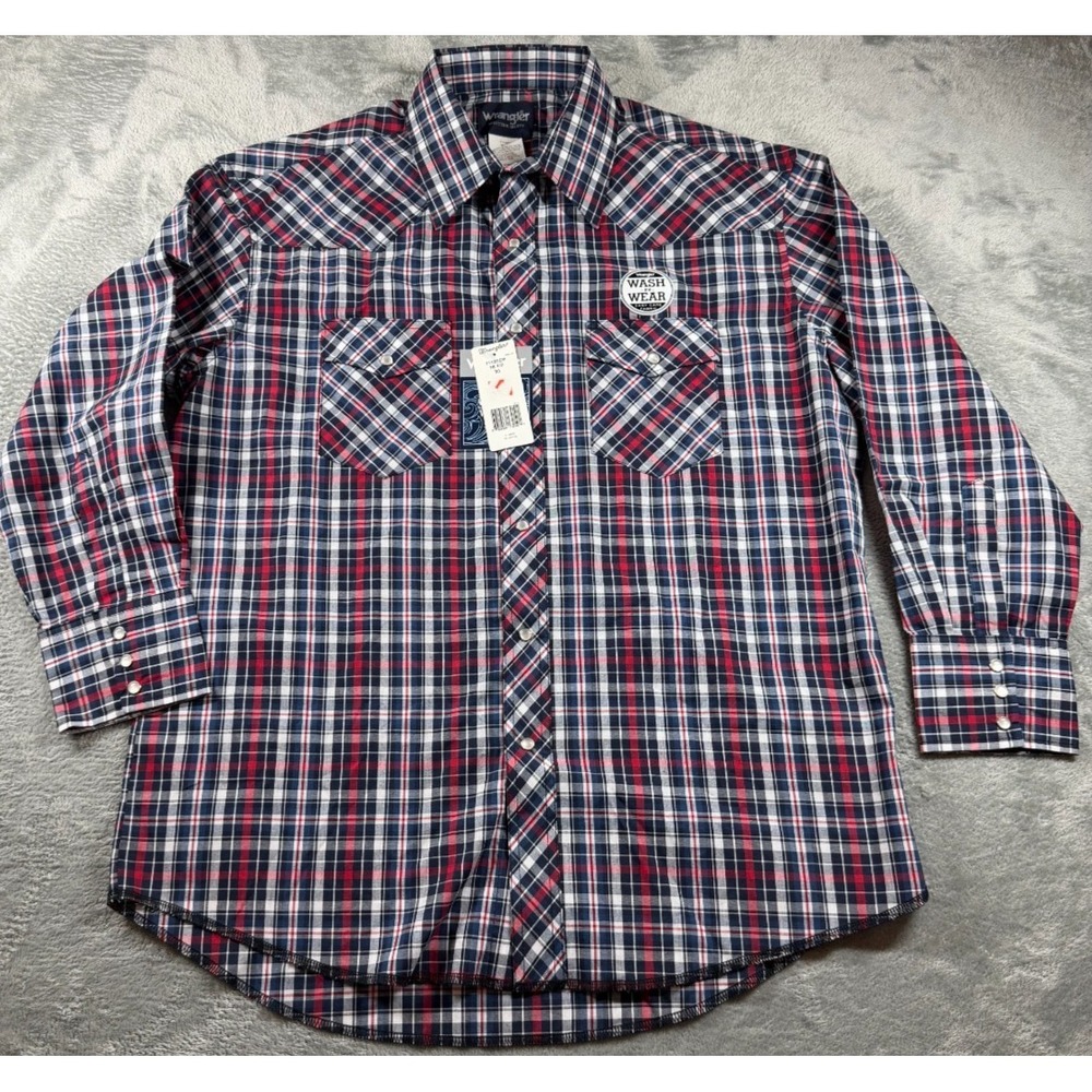 NWT Wrangler Western Shirt Mens 16.5 33 Plaid Wash N Wear Pearl Snap